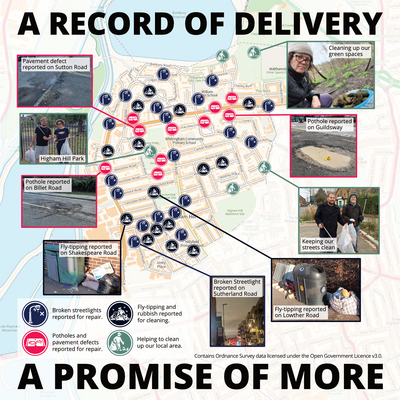 Map of Higham Hill showing all the work the Liberal Democrats have done