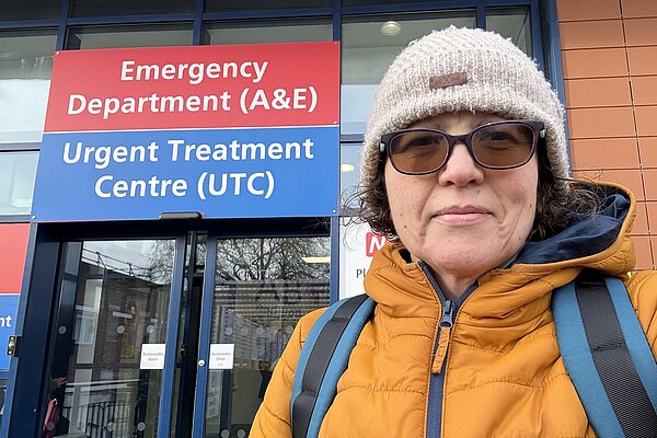 Lib Dem candidate Kath Pollard outside Whipps Cross Hospital