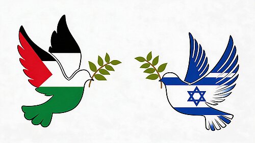 Two doves of peace over the Palestinian and Israeli flags