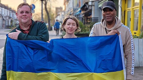 Grove Green Liberal Democrat Campaigners with a Ukrainian Flag